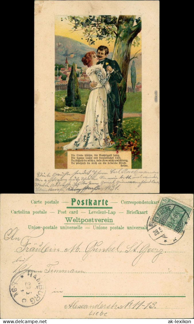 Ansichtskarte  Liebespaar Festkleid Spruch: Die Linde Blühte 1901 - Filosofie