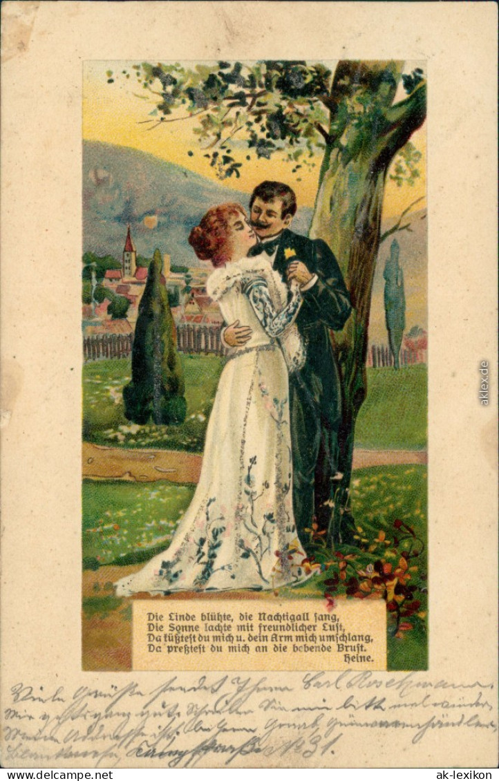 Ansichtskarte  Liebespaar Festkleid Spruch: Die Linde Blühte 1901 - Philosophie