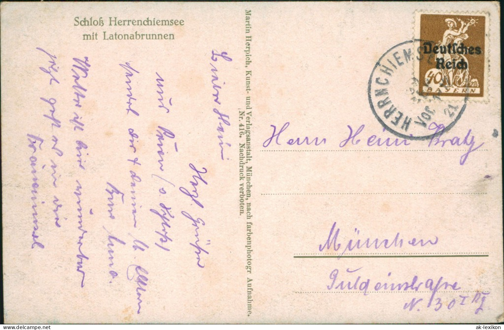 Ansichtskarte Chiemsee Schloß Herrenchiemsee Mit Latonabrunnen 1921 - Chiemgauer Alpen