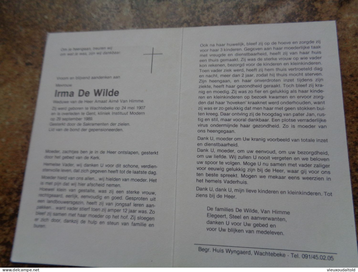 Doodsprentje/Bidprentje   Irma De Wilde   Wachtebeke 1907-1989 Gent  (Wwe Amaat Aimé Van Himme) - Religion & Esotérisme
