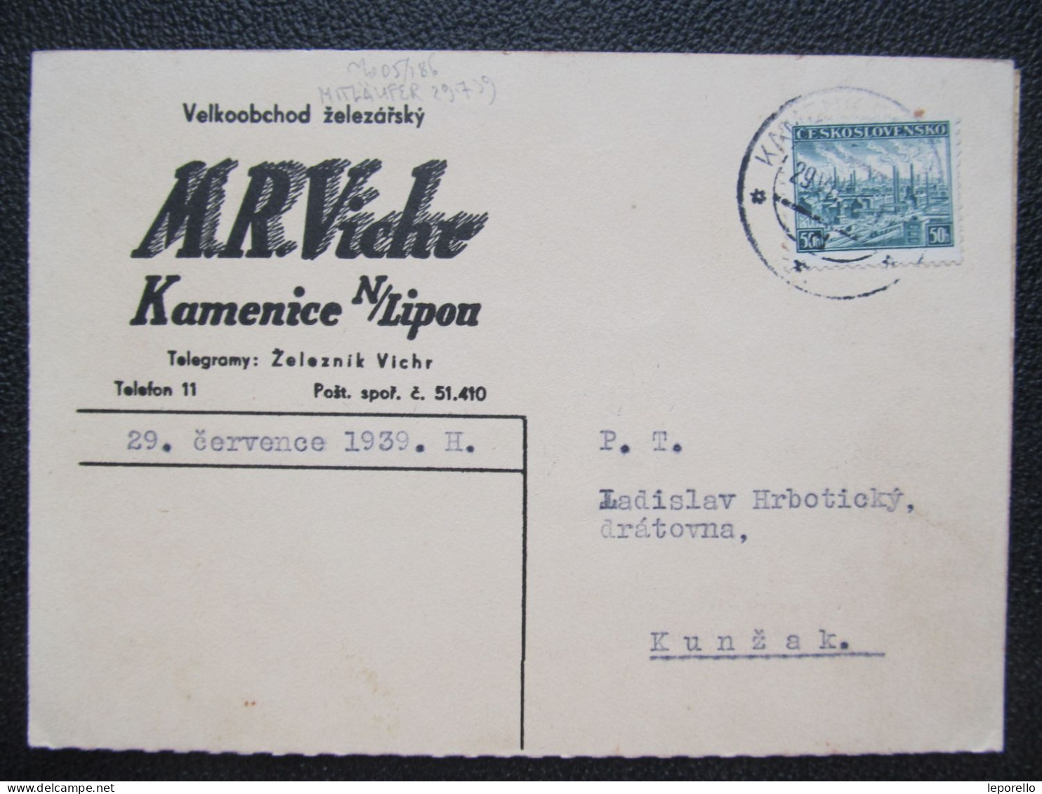 BRIEF Kamenice Nad Lipou - Kunžak Souběžné 29.7.1939 M.R.Vichr  /// P6076 - Lettres & Documents