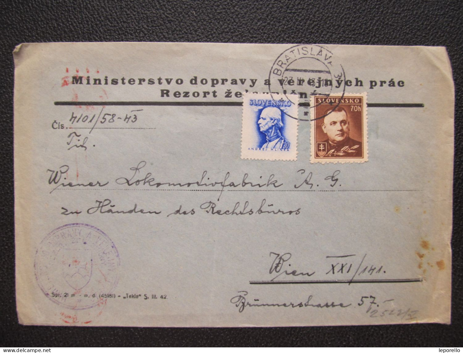 BRIEF Bratislava - Wien Ministerstvo železnice 1943 SŠ Slovensko  /// P6074 - Lettres & Documents