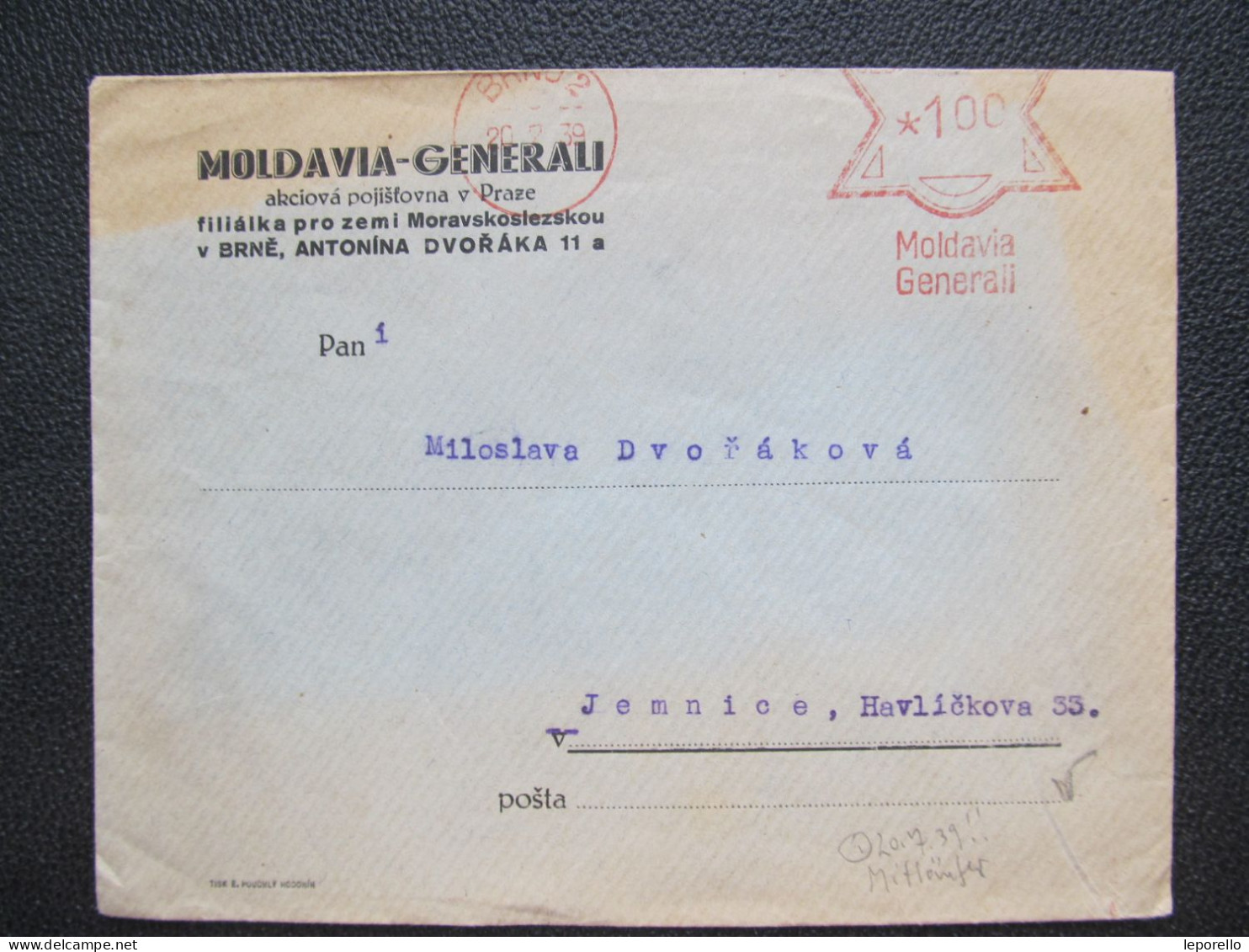 BRIEF Brno - Jemnice Frankotyp 20.7.1939 Mitläufer Souběžné Frankotype !!  /// P6071 - Lettres & Documents