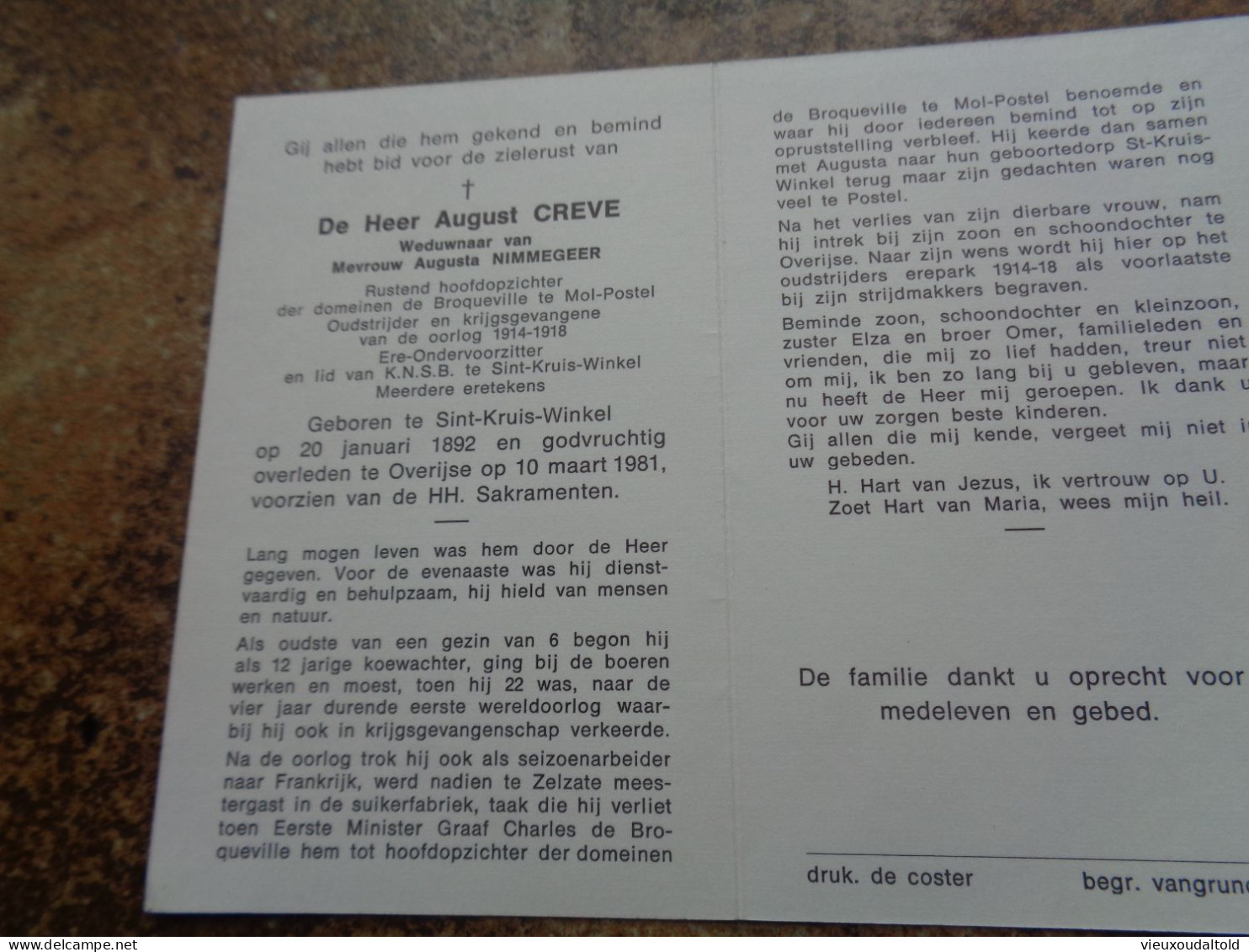 Doodsprentje/Bidprentje  August CREVE  St Kruis Winkel 1892-1981 Overijse  (Wdr Augusta NIMMEGEER) - Religion &  Esoterik