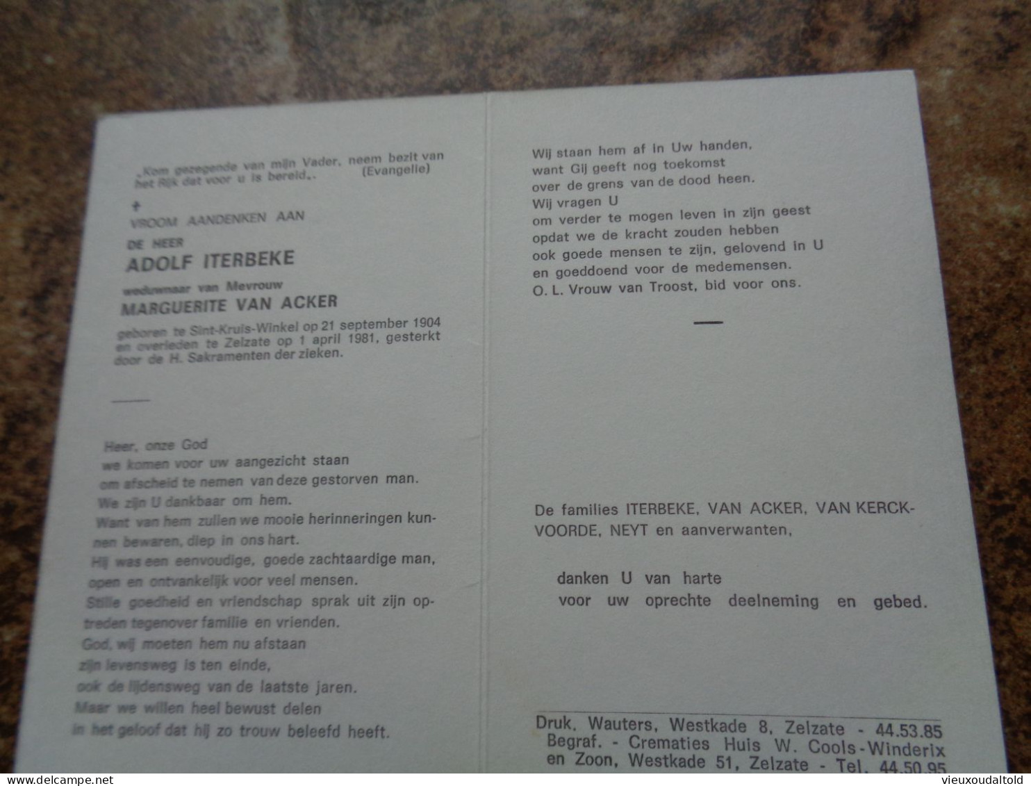 Doodsprentje/Bidprentje  ADOLF ITERBEKE   St Kruis Winkel 1904-1981 Zelzate  (Wdr Marguerite VAN ACKER) - Godsdienst & Esoterisme