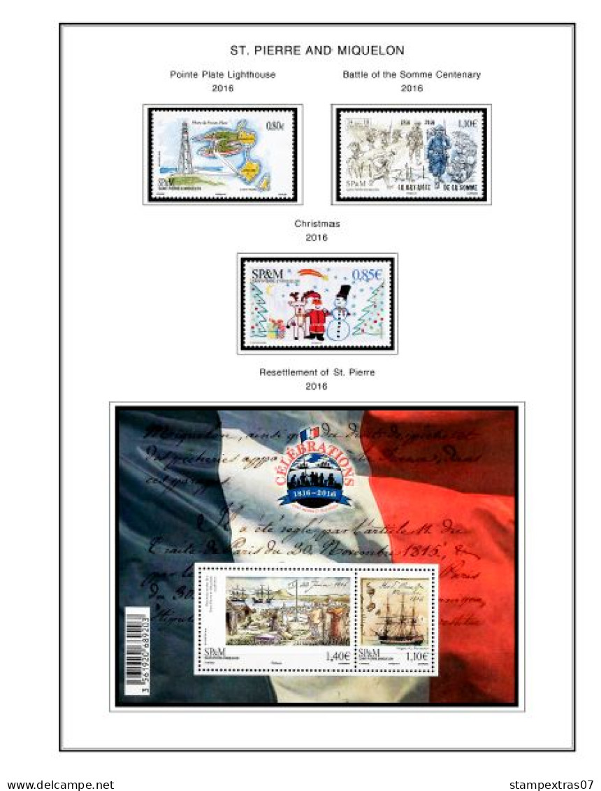 COLOR PRINTED SAINT PIERRE AND MIQUELON 2011-2023 STAMP ALBUM PAGES (49 illustrated pages) >> FEUILLES ALBUM