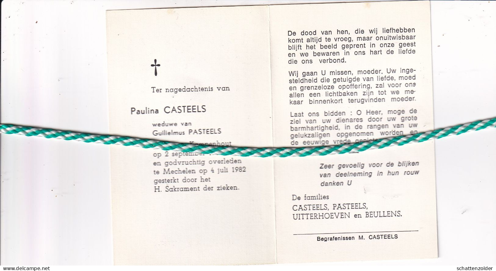 Paulina Casteels-Pasteels, Kampenhout 1903, Mechelen 1982 - Obituary Notices