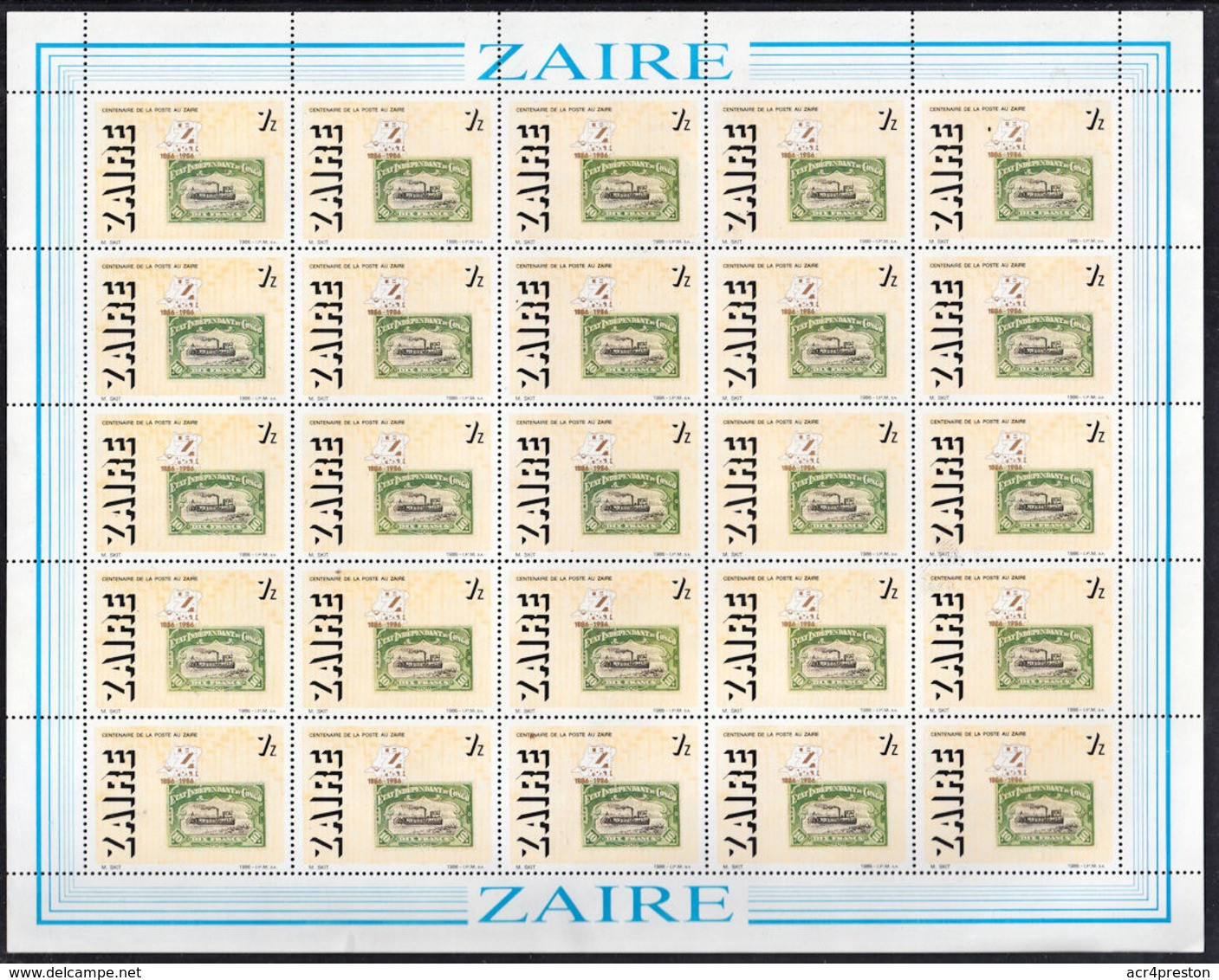 D0190 ZAIRE 1988, SG 1267 'Cenzapost' Stamp Centenary, Complete Sheet, MNH - Neufs