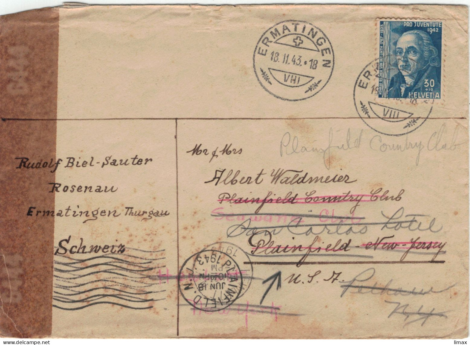 Biel-Sauter Ermatingen 1943 > Plainfield Country Club USA  - Zensur - Konrad Escher Von Der Linth - Cartas & Documentos