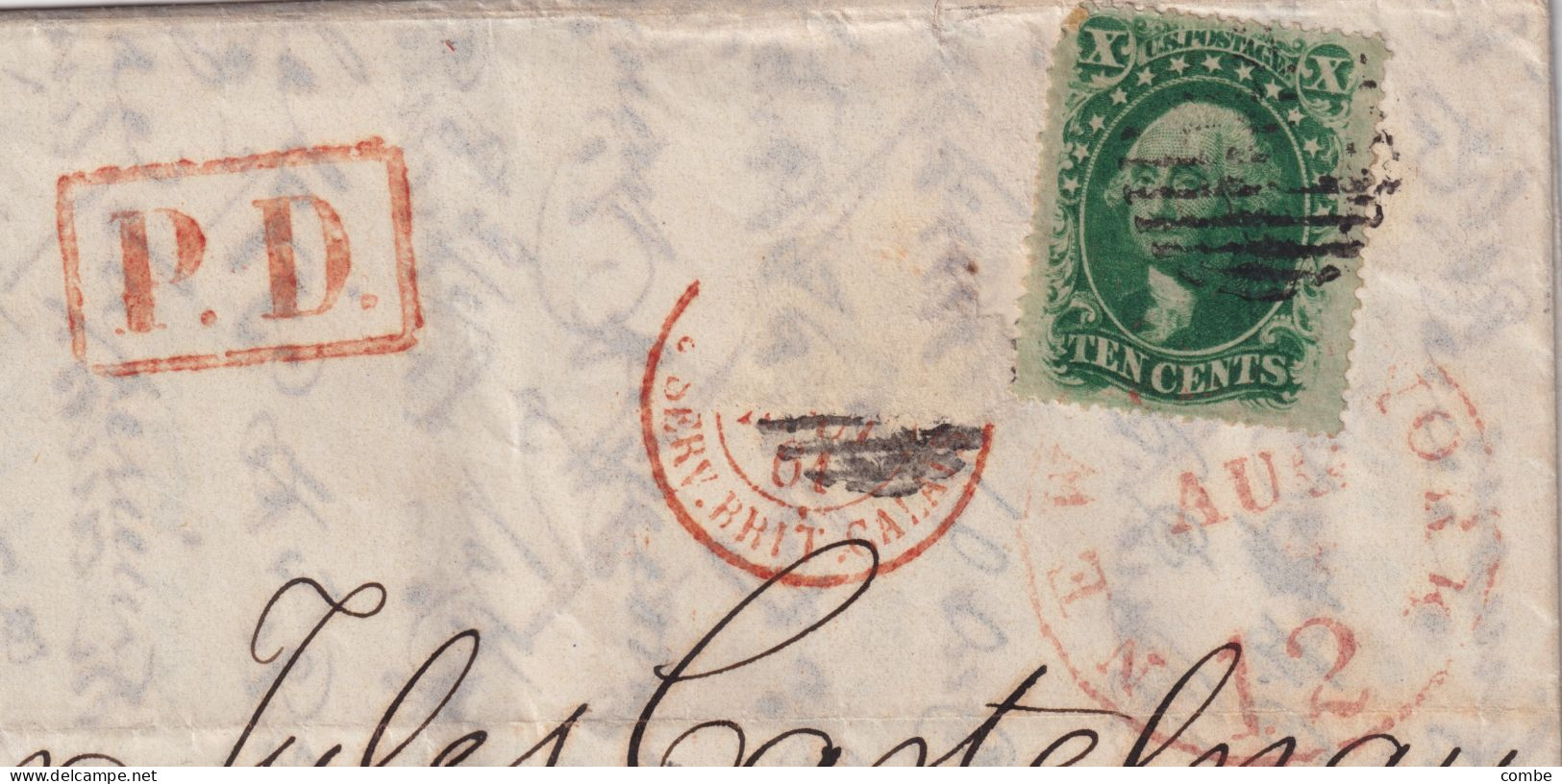 COVER. 13 8 1861. F.COUSINERY NEW-YORK. PD. TO FRANCE. SS AFRICA. TEN CENTS GREEN. (another Stamp Missing ) - Covers & Documents