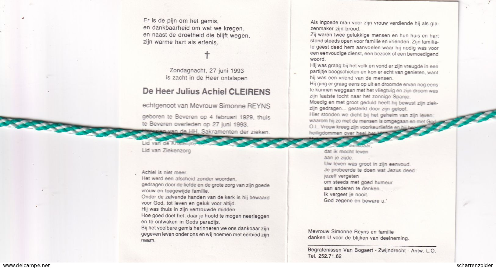 Julius Achiel Cleirens-Reyns, Beveren 1929, 1993 - Obituary Notices