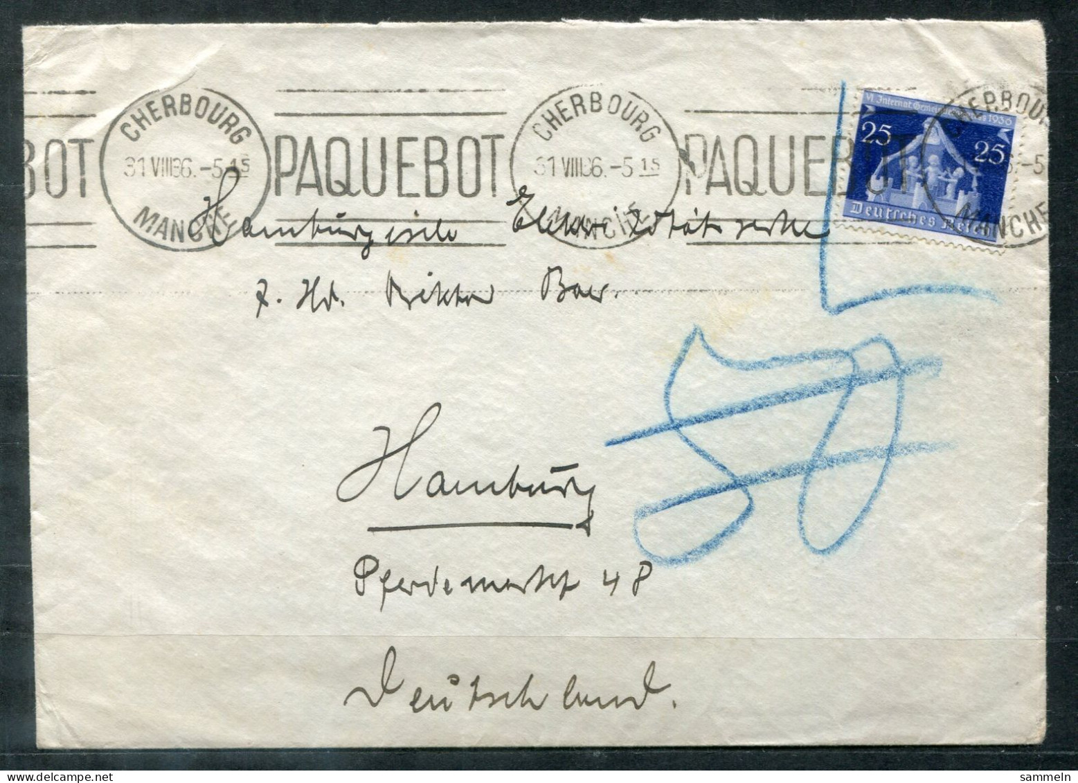 FRANKREICH - Schiffspost, Navire, Ship Letter, Maschinenstempel PAQUEBOT Und CHERBOURG 31.8.1936 Auf NDL-Umschlag - Lettres & Documents