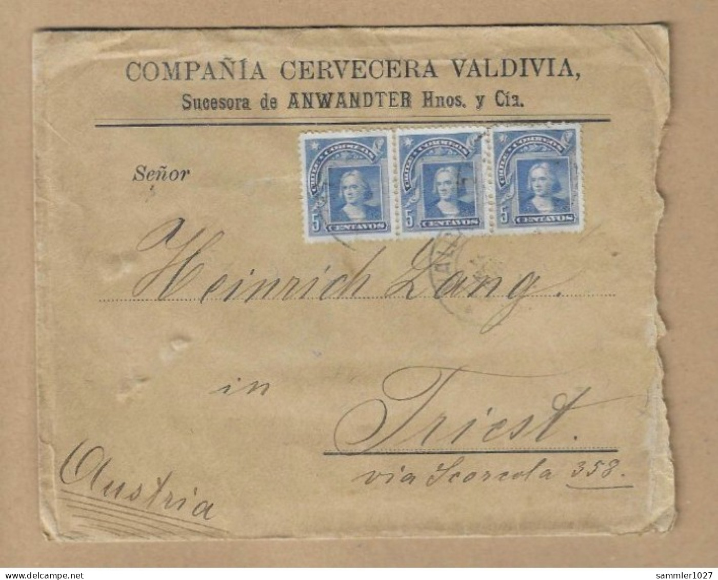 Los Vom 03.05  Briefumschlag Aus Valdivia Nach Triest  1910 - Cile