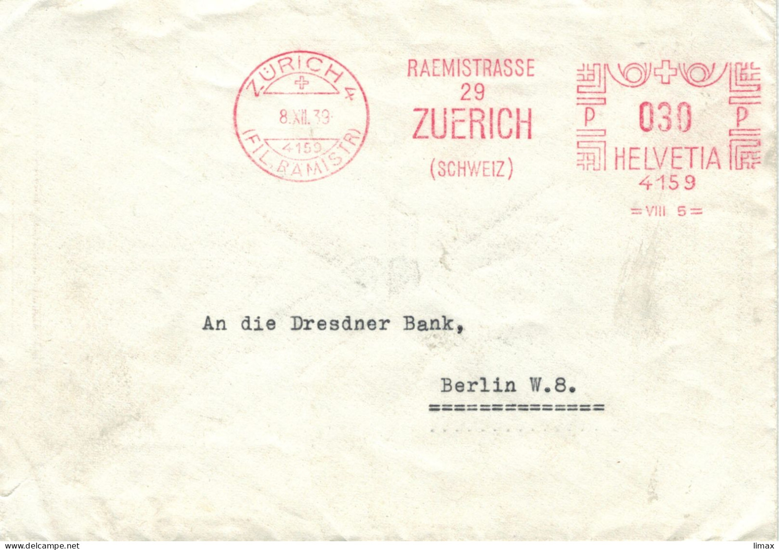 Dr. Georg Wettstein Zürich Advokat 1939  - Zensur OKW - Frama-Freistempel Raemistrasse > Dresdner Bank - Storia Postale