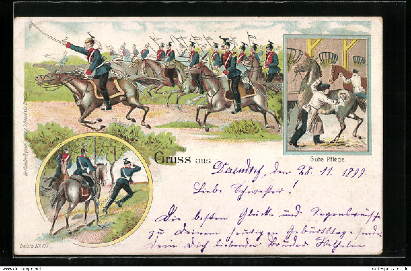 Lithographie Sturm Der Kavallerie, Pferdepflege, Ausritt  - Guerra 1914-18