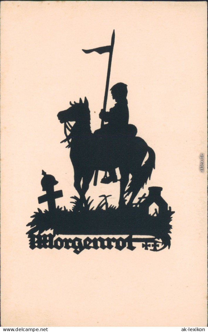  Scherenschnitt/Schattenschnitt-Ansichtskarte "Morgenrot"- Soldat, Friedhof 1918 - Silhouettes