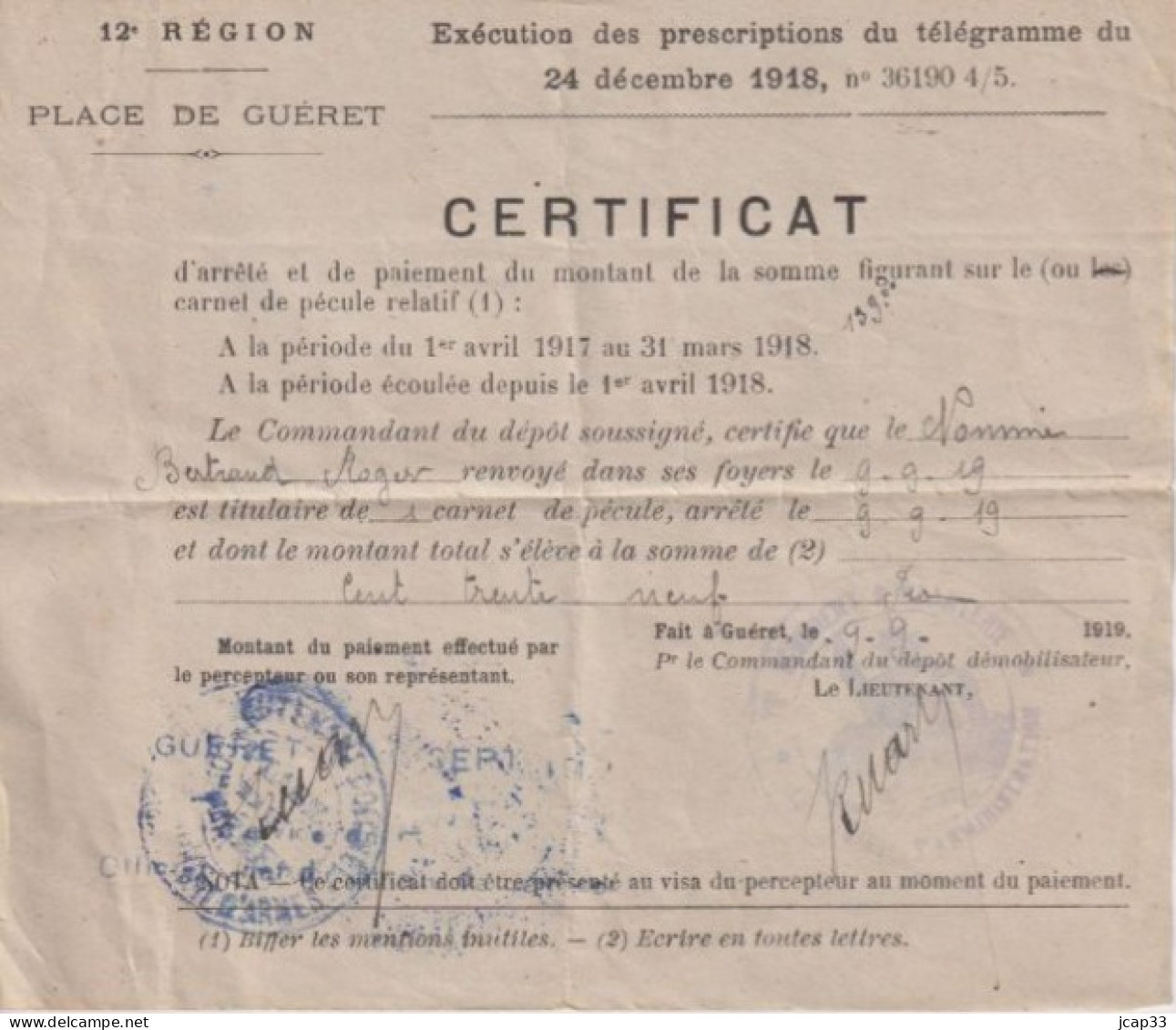CERTIFICAT D'arrété Et De Paiement Du 09/09/1919  -  12° REGION - PLACE DE GUERET  - - Documents