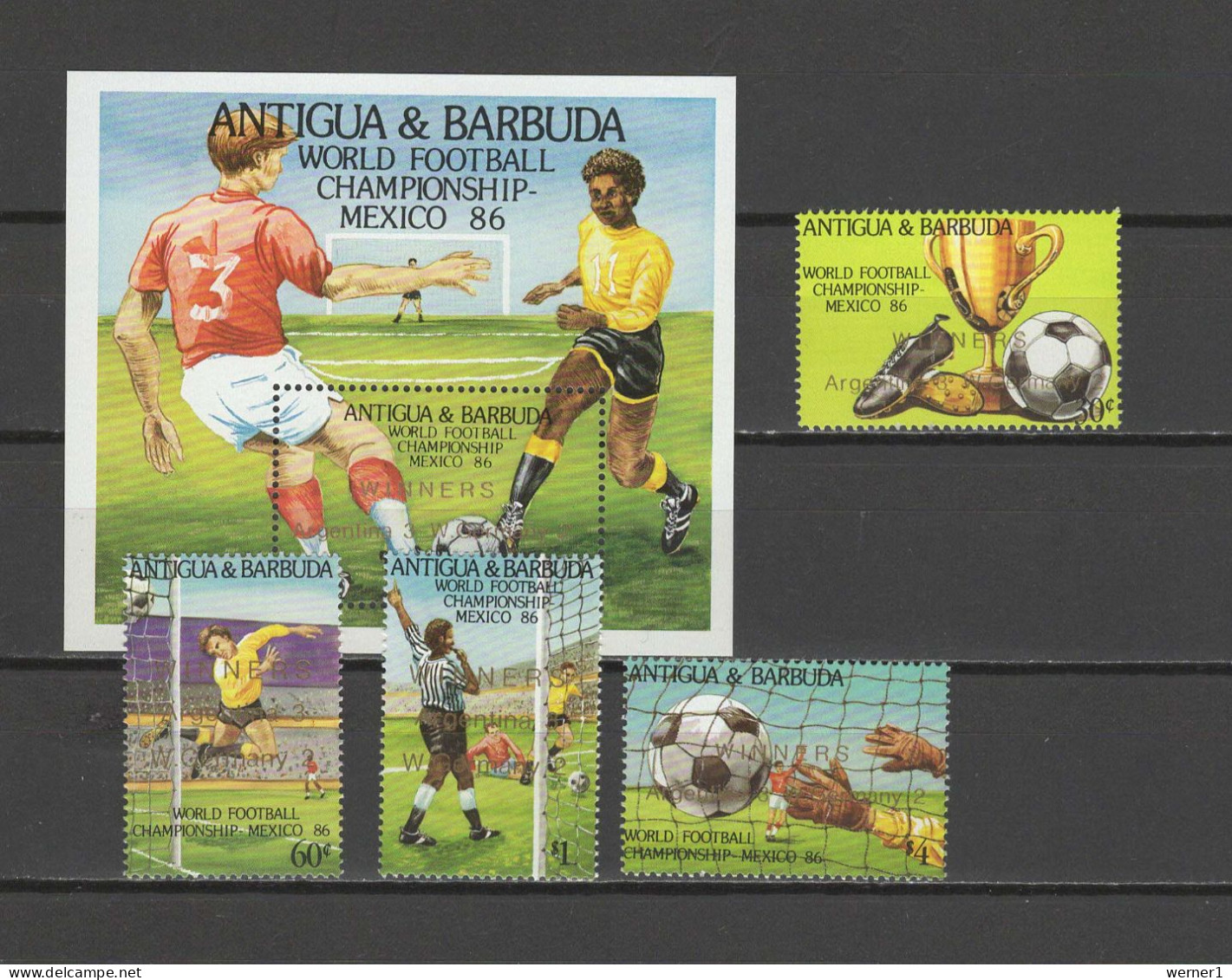 Antigua 1986 Football Soccer World Cup Set Of 4 + S/s With Winners Overprint MNH - 1986 – México