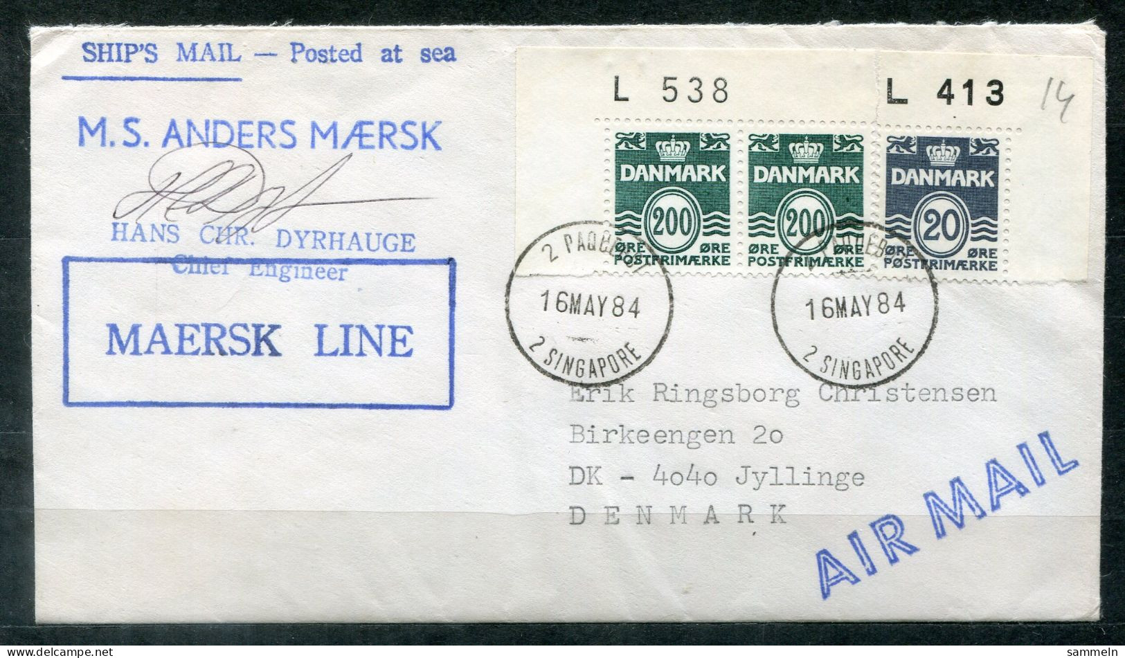 DÄNEMARK - Schiffspost, Navire, Paquebot, Ship Letter, Stempel "!2 PAQUEBOT 2 SINGAPORE" + Cachet MAERSK LINE - Lettres & Documents