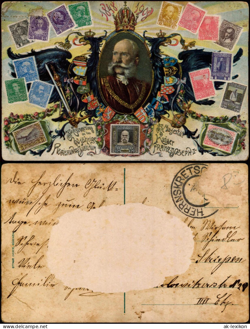 Ansichtskarte  Briefmarken-Ansichtskarte Österreich Kaiser Franz Joseph 1908 - Briefmarken (Abbildungen)