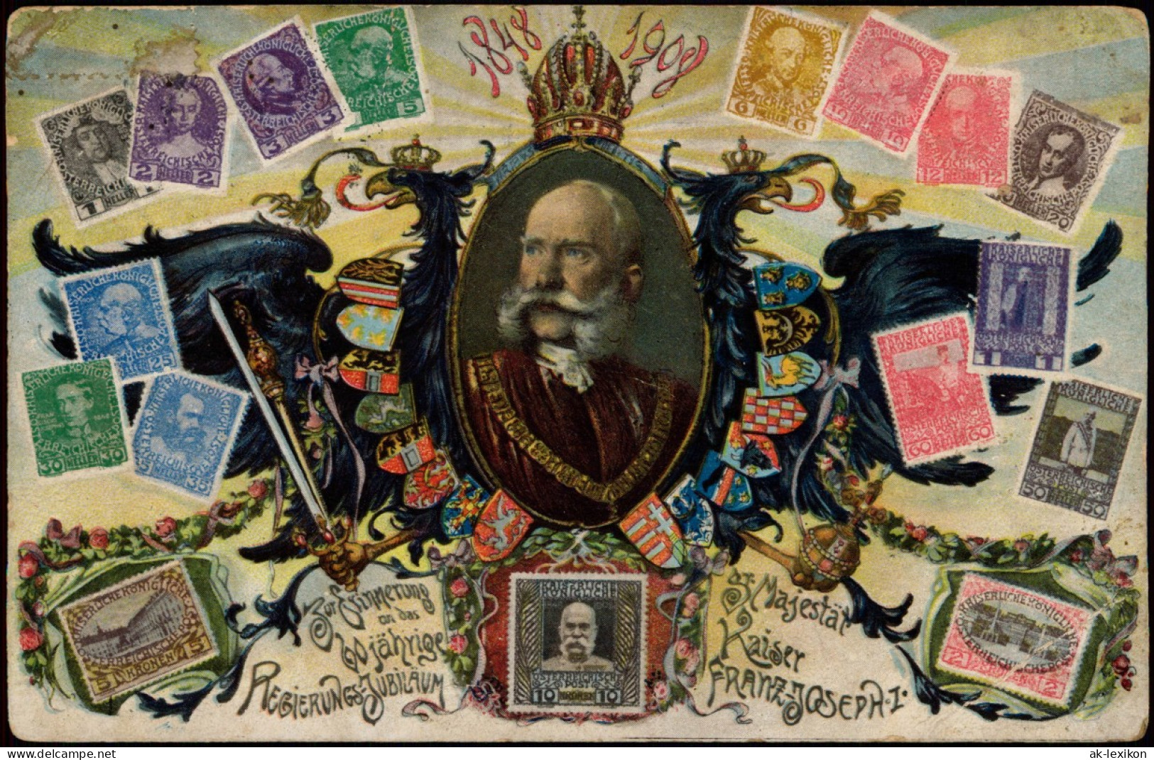 Ansichtskarte  Briefmarken-Ansichtskarte Österreich Kaiser Franz Joseph 1908 - Briefmarken (Abbildungen)