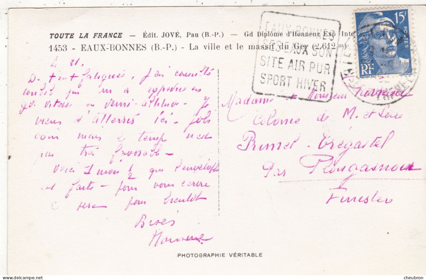 64. EAUX-BONNES . CPA . Edit JOVE. LA VILLE ET LE MASSIF DU GER.. ANNEE 1949 + TEXTE - Eaux Bonnes