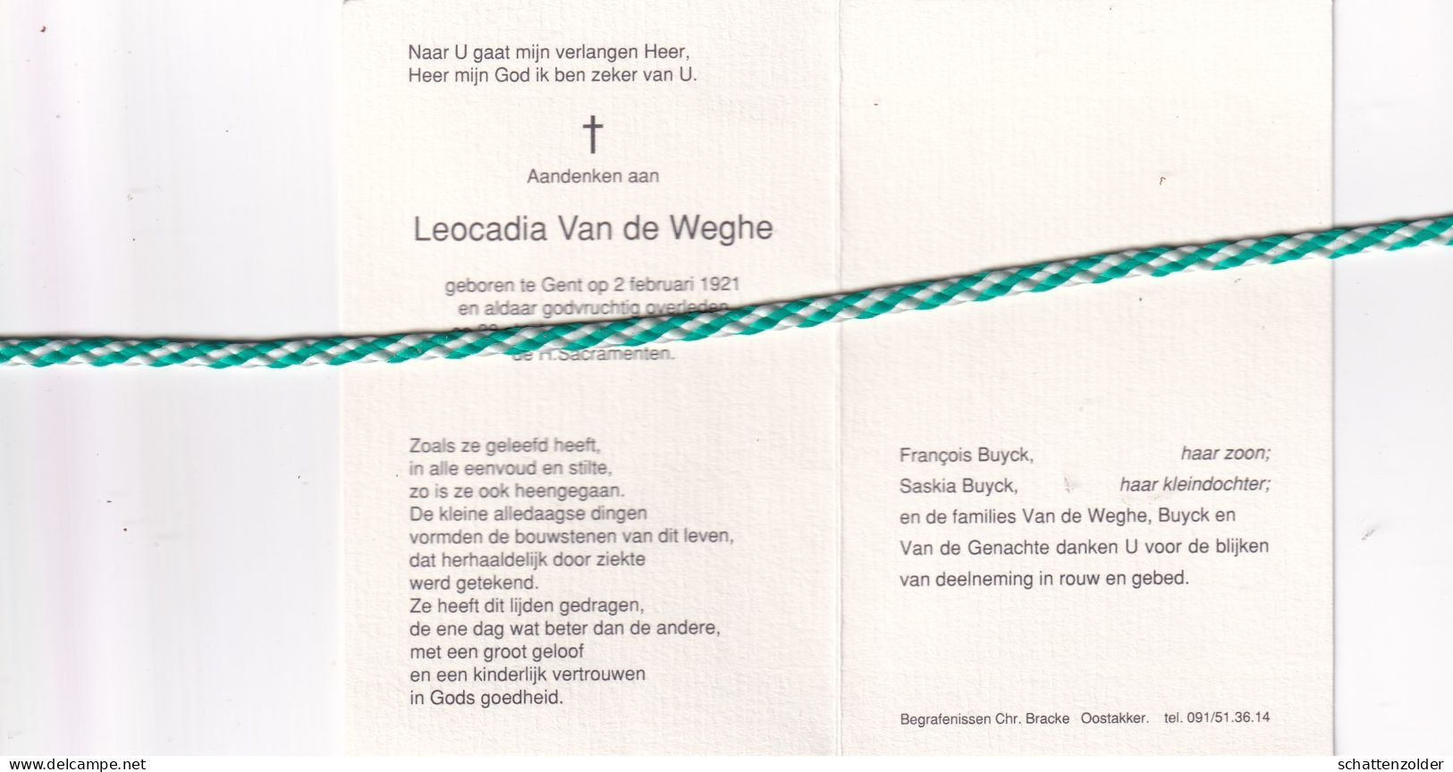 Leocadia Van De Weghe, Gent 1921, 1992. Foto - Todesanzeige