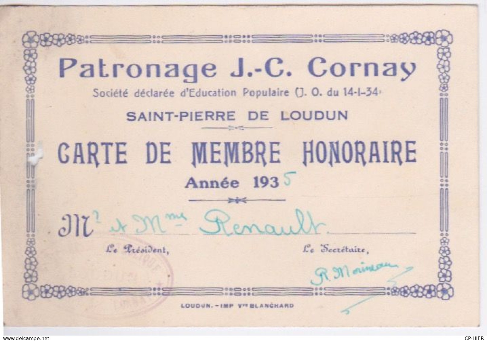 86 - VIENNE - CARTE DE MEMBRE HONORAIRE 1935 - ST PIERRE DE LOUDUN - PATRONAGE J.C. CORNAY - Loudun