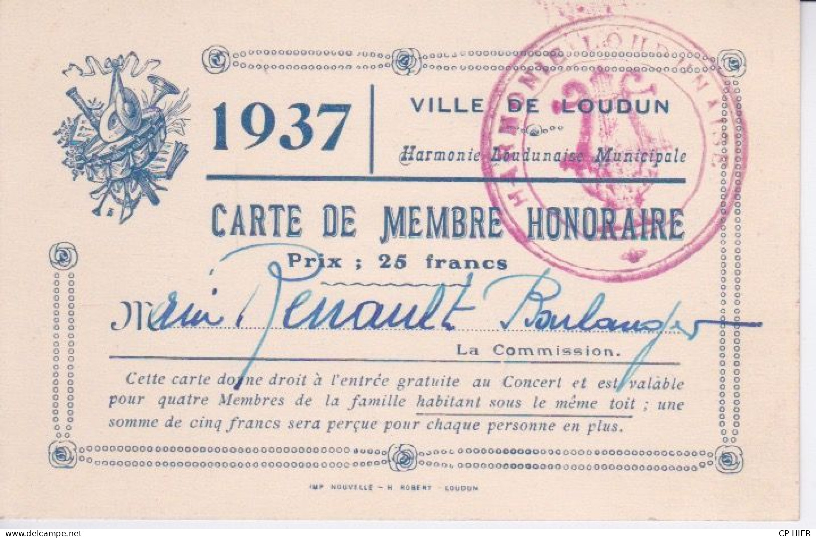 86 - VIENNE - CARTE DE MEMBRE HONORAIRE 1937 -  VILLE DE LOUDUN - MUSIQUE + CACHET  HARMONIE LOUDUNAISE MUNICIPALE - Loudun