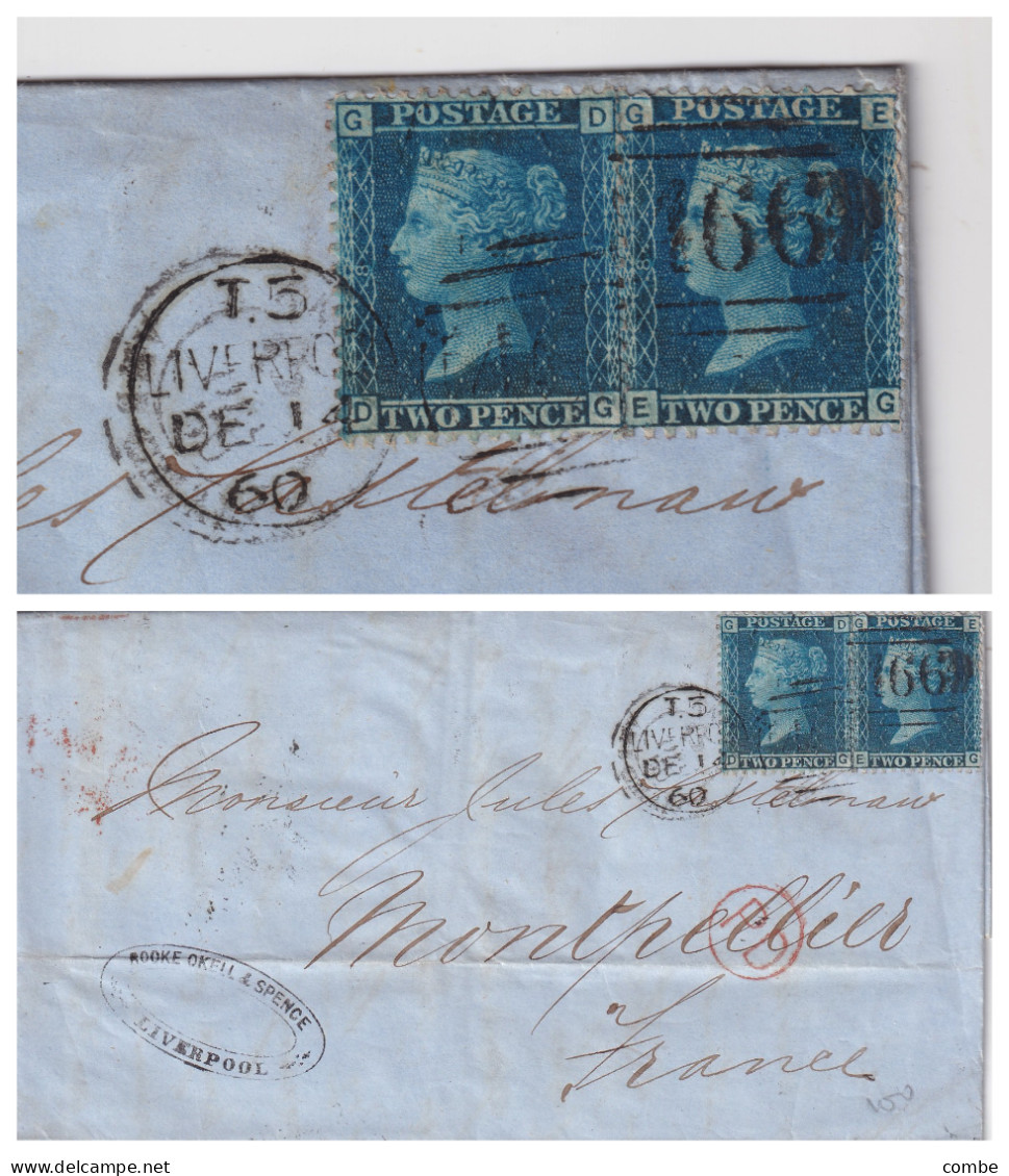 COVER. 14 DE 1860. PAIR 2p. GD-GE. PLANCHE 8. LIVERPOOL TO MONTPELLIER. PD. - Covers & Documents