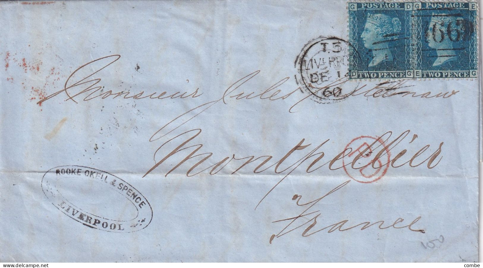 COVER. 14 DE 1860. PAIR 2p. GD-GE. PLANCHE 8. LIVERPOOL TO MONTPELLIER. PD. - Briefe U. Dokumente