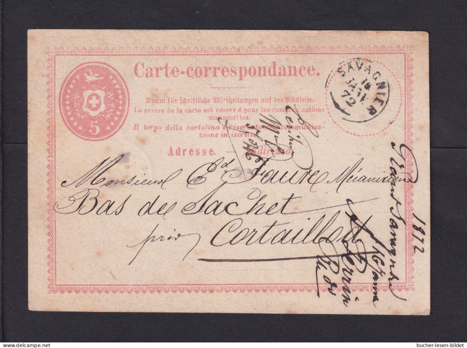 1872 - 5 R. Ganzsache Ab SAVAGNIER Nach Cortaillod - Covers & Documents