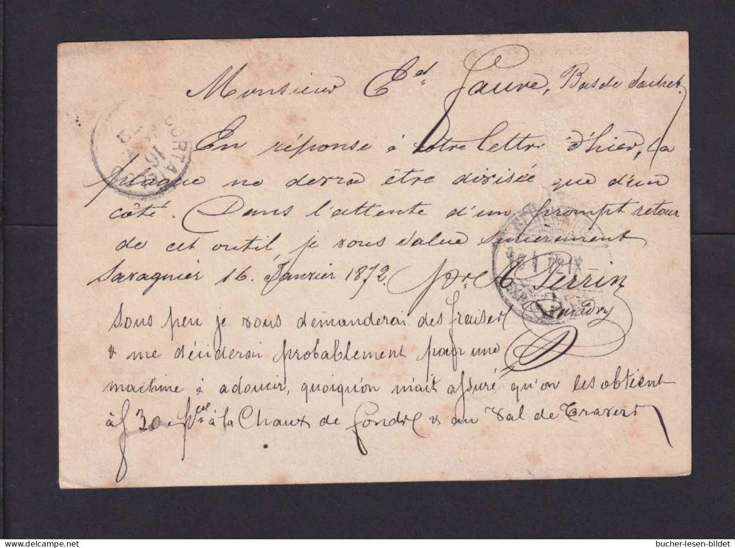 1872 - 5 R. Ganzsache Ab SAVAGNIER Nach Cortaillod - Brieven En Documenten