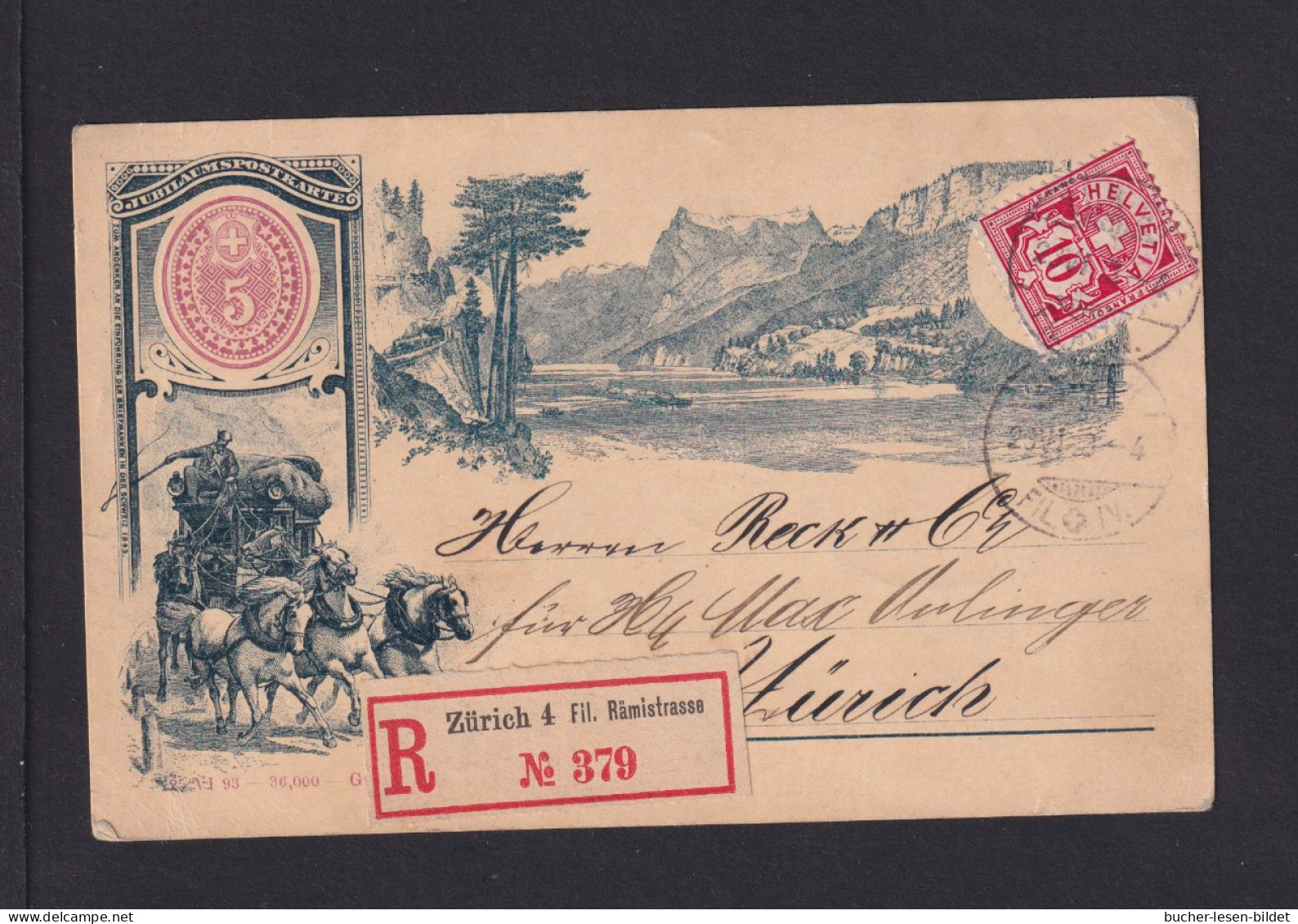 1893 - 5 Rp. Ganzsache Mit Bild - Als Einschreiben In Zürich Gebraucht - Cartas & Documentos