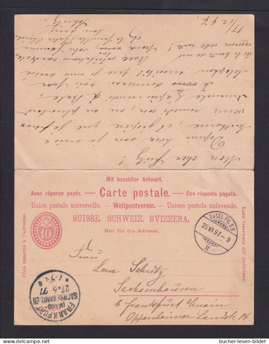 1897 - 10 Rp. Doppel-Ganzsache (P 25) Ab Basel Nach Frankfurt - ANTWORT Zurück Nach Basel Gelaufen - Cartas & Documentos