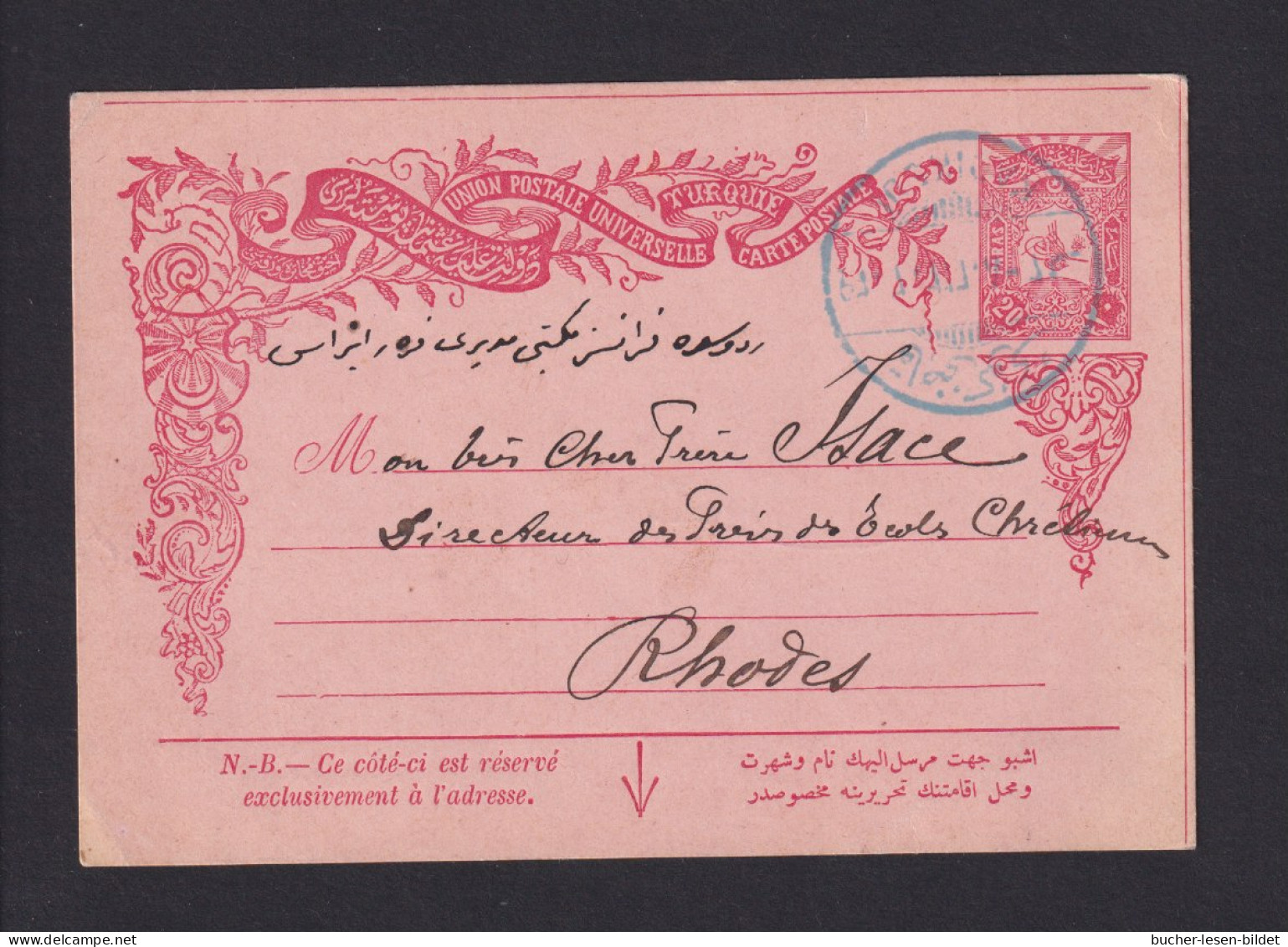 1906 - 20 P. Ganzsache Mit Blauem Aufgabestempel Nach Rhodos - Storia Postale