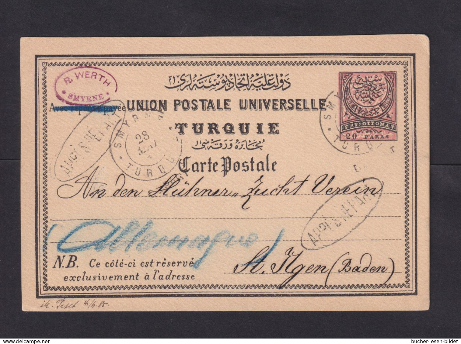 1885 - 20 P. Ganzsache Ab SMYRNA Nach Baden - Transitstempel - Lettres & Documents