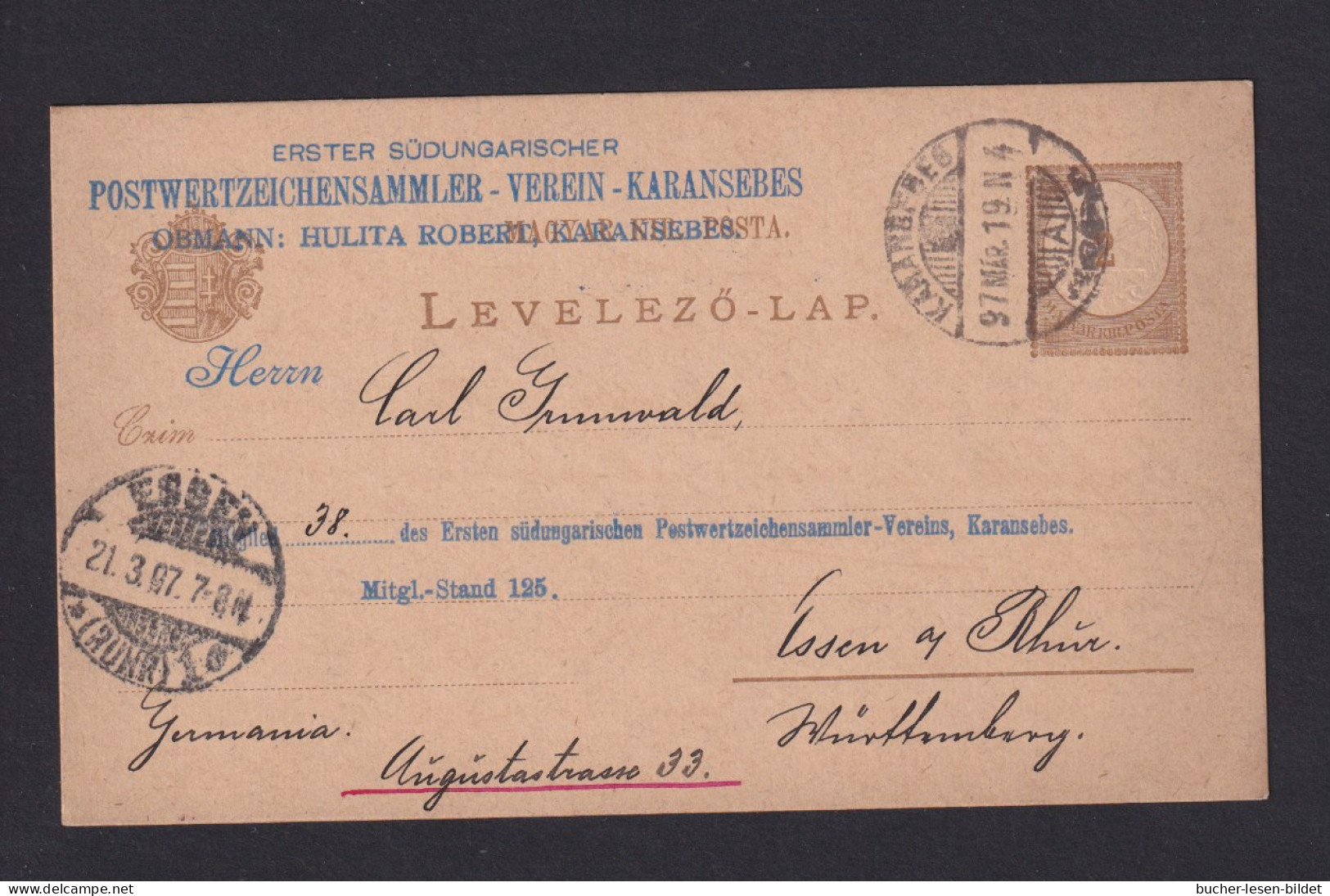 1897 - 2 Kr. Ganzsache Mit Zudruck - Ab KARANNSEBES Nach Essen - Covers & Documents