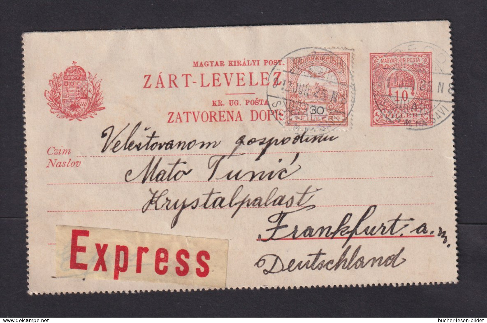 1912 - 10 F. Ganzsache Mit Zufrankatur Per Eilboten Ab Brod Nach Frankfurt - Briefe U. Dokumente