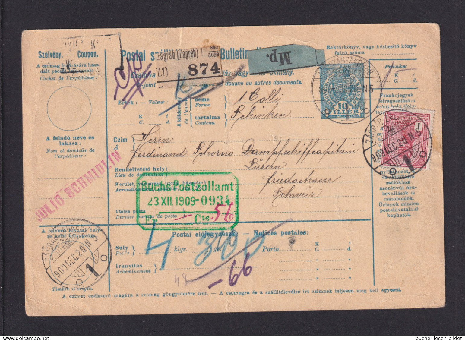 1909 - 10 F. Paketkarte Mit Zufrankatur Ab Zagreb Nach Der Schweiz - Storia Postale