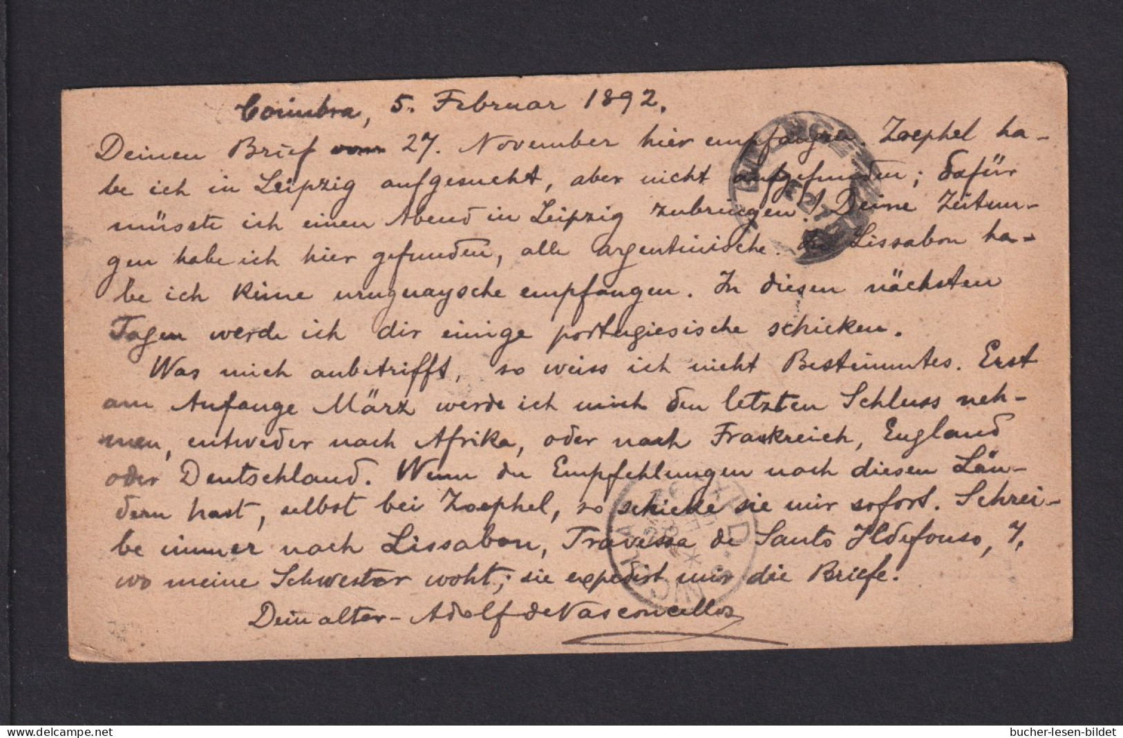 1892 - 20 R. Ganzsache Ab COIMBRA Nach ARGENTINIEN - Cartas & Documentos