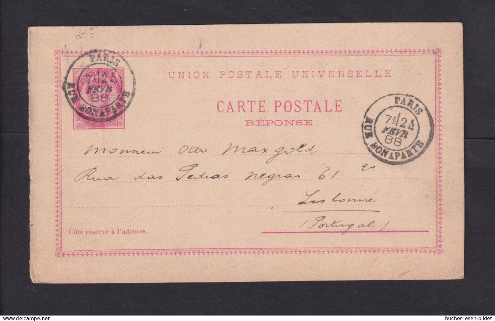 1888 - 20 R ANTWORT-Ganzsache (P 16A) Ab PARIS Nach Lisboa - Brieven En Documenten