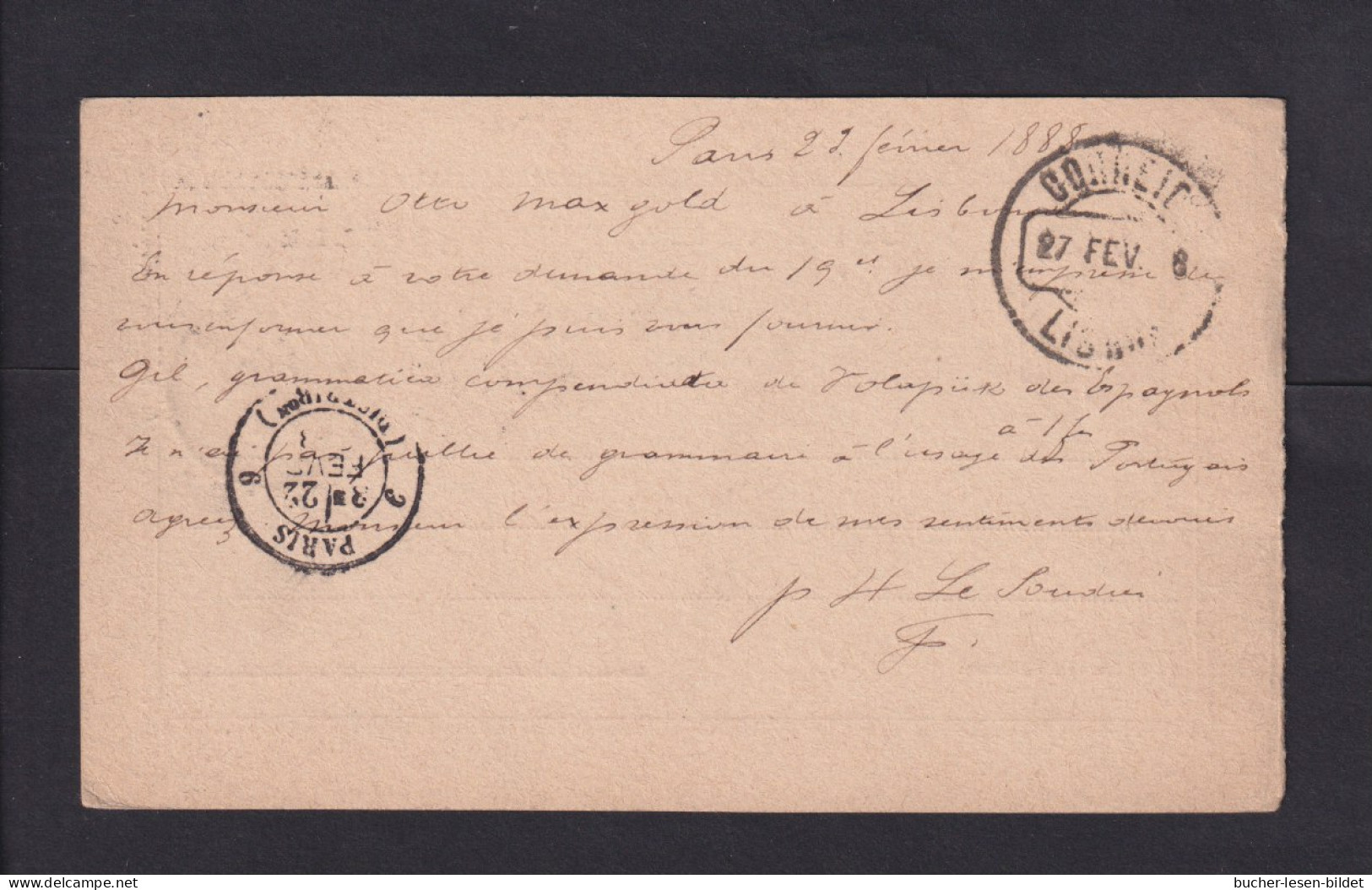 1888 - 20 R ANTWORT-Ganzsache (P 16A) Ab PARIS Nach Lisboa - Briefe U. Dokumente