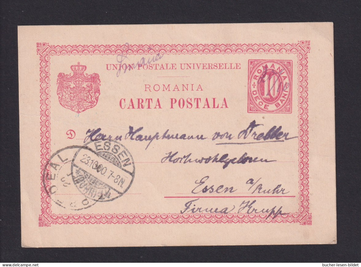 1900 - 10 B. Ganzsache Mit Handschriftlicher Entwertung Via Predeal (Siebenbürgen) Nach Essen - Briefe U. Dokumente