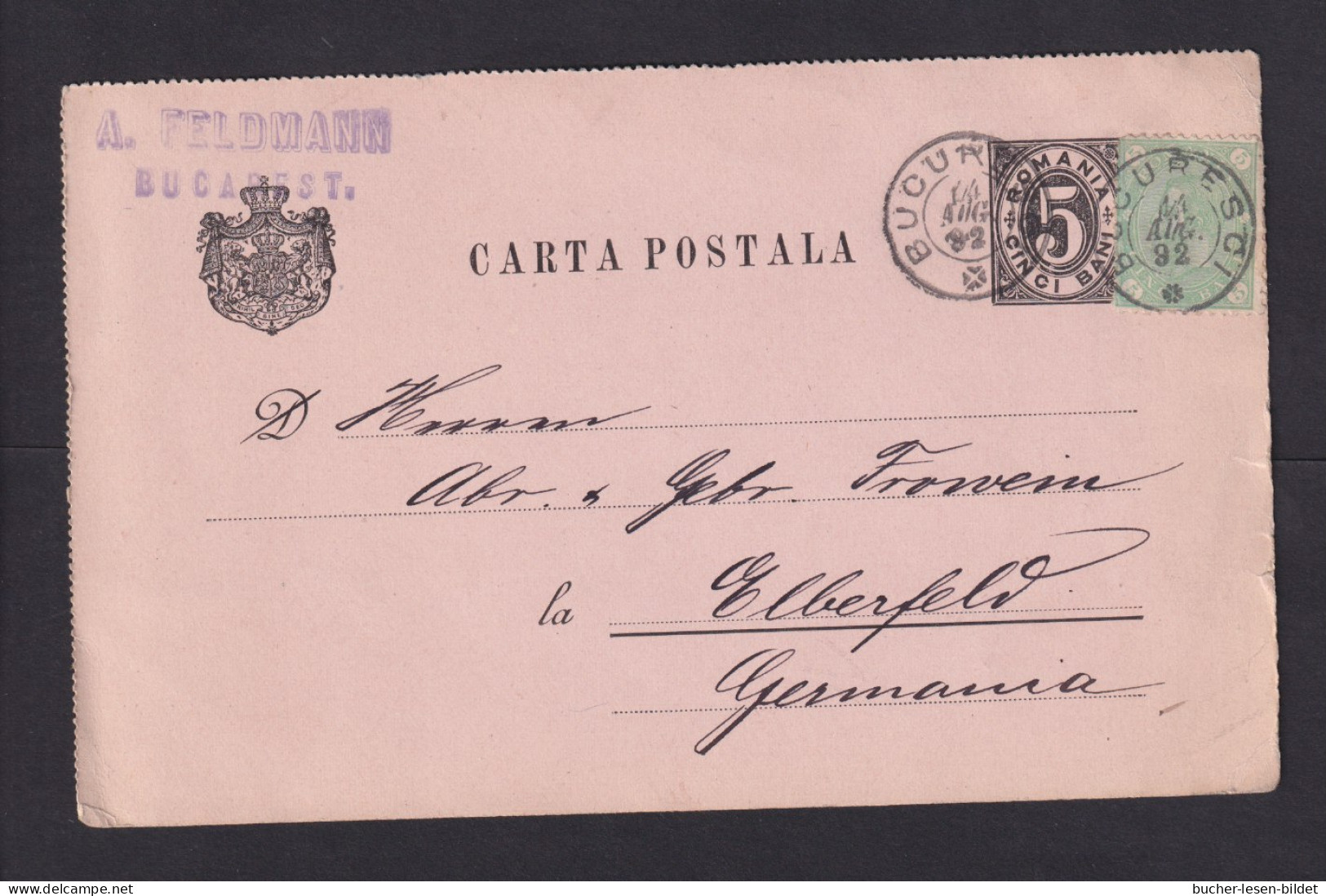 1892 - 5 B. Ganzsache Mit 5 B. Zufrankiert Ab Bukarest Nach Elberfeld - Cartas & Documentos