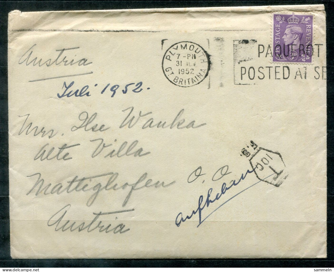 GROSSBRITANNIEN - Schiffspost, Navire, Ship Letter, Stempel PAQUEBOT POSTED AT SEA + PLYMOUTH 1952 + Tax - Briefe U. Dokumente