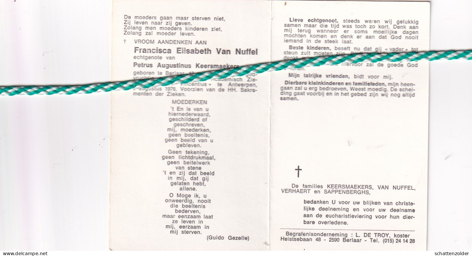 Francisca Elisabeth Van Nuffel-Keersmaekers, Berlaar 1918, Antwerpen 1976 - Obituary Notices