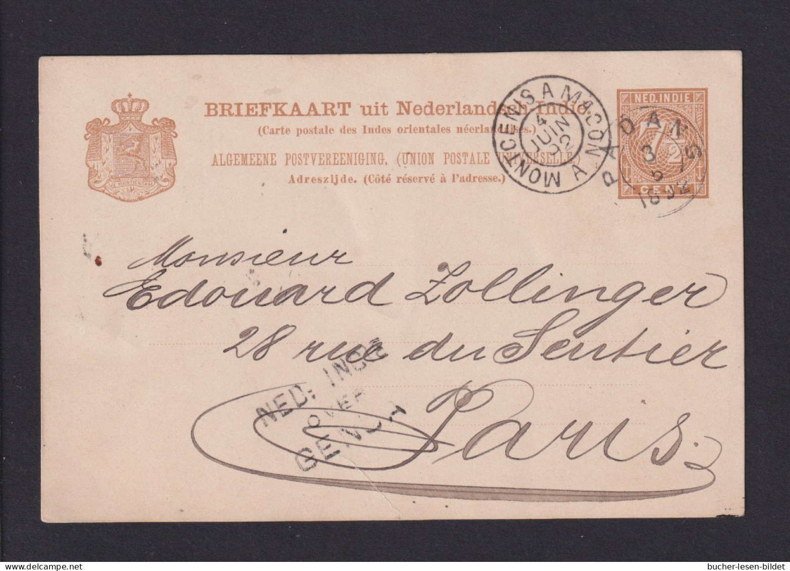 1892 - 7 1/2 C. Ganzsache Ab Padang Nach Paris - Schiffspoststempel "..over Genua" - Niederländisch-Indien