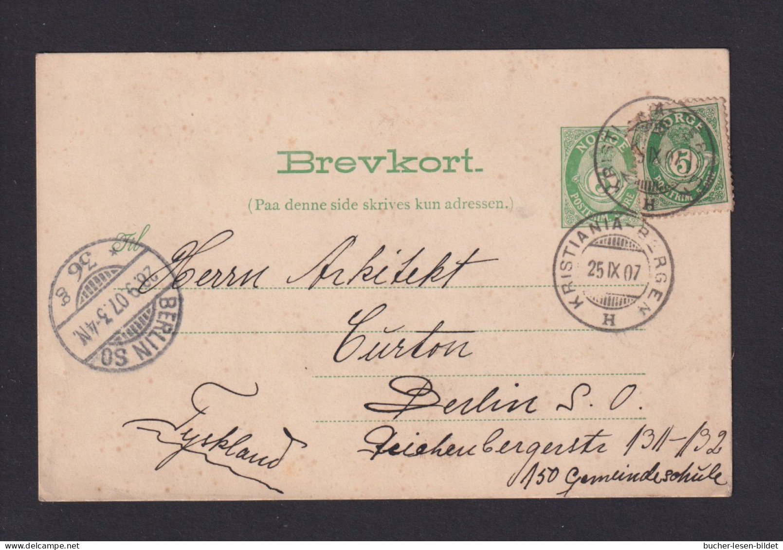 1907 - 5 Ö. Ganzsache Mit Zufrankatur Ab Kristiania-Bergen - Nach Berlin - Covers & Documents