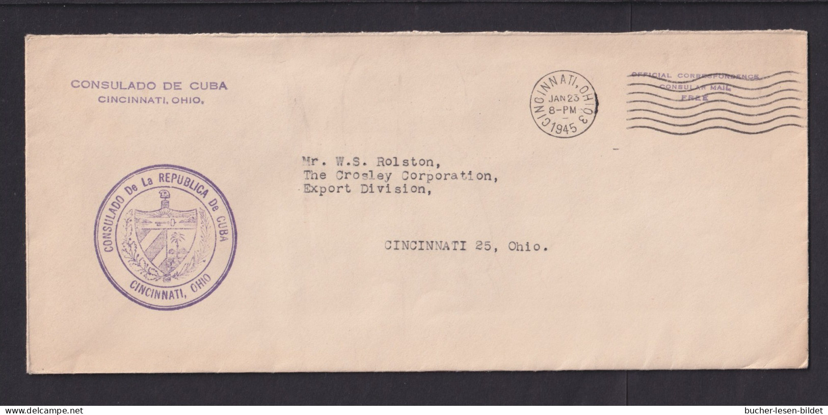 1945 - Consulatsbrief Cuba Portofrei Nach Cincinnati - Covers & Documents